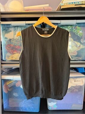 Oliver Perry Silk Cotton Black Sleeveless Knit Shirt with Cream Trim Large